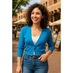 Ronni Nicole Medium Blue Cropped Cardigan Sweater V Neck Lightweight Knit Top